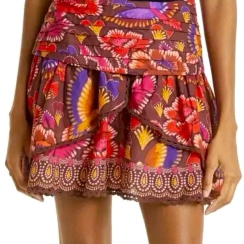 FARM Rio Bright Flora Cotton Mini Skirt in Brown L